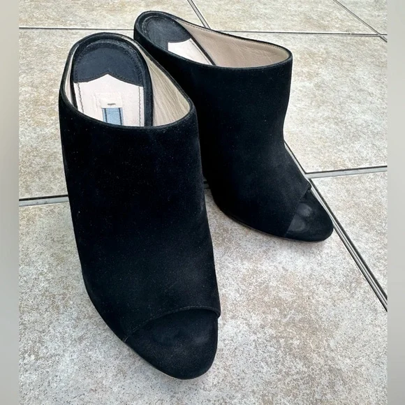 PRADA Women's Black Suede Wedge Peep / Open Toe Mule - Picture 11 of 15